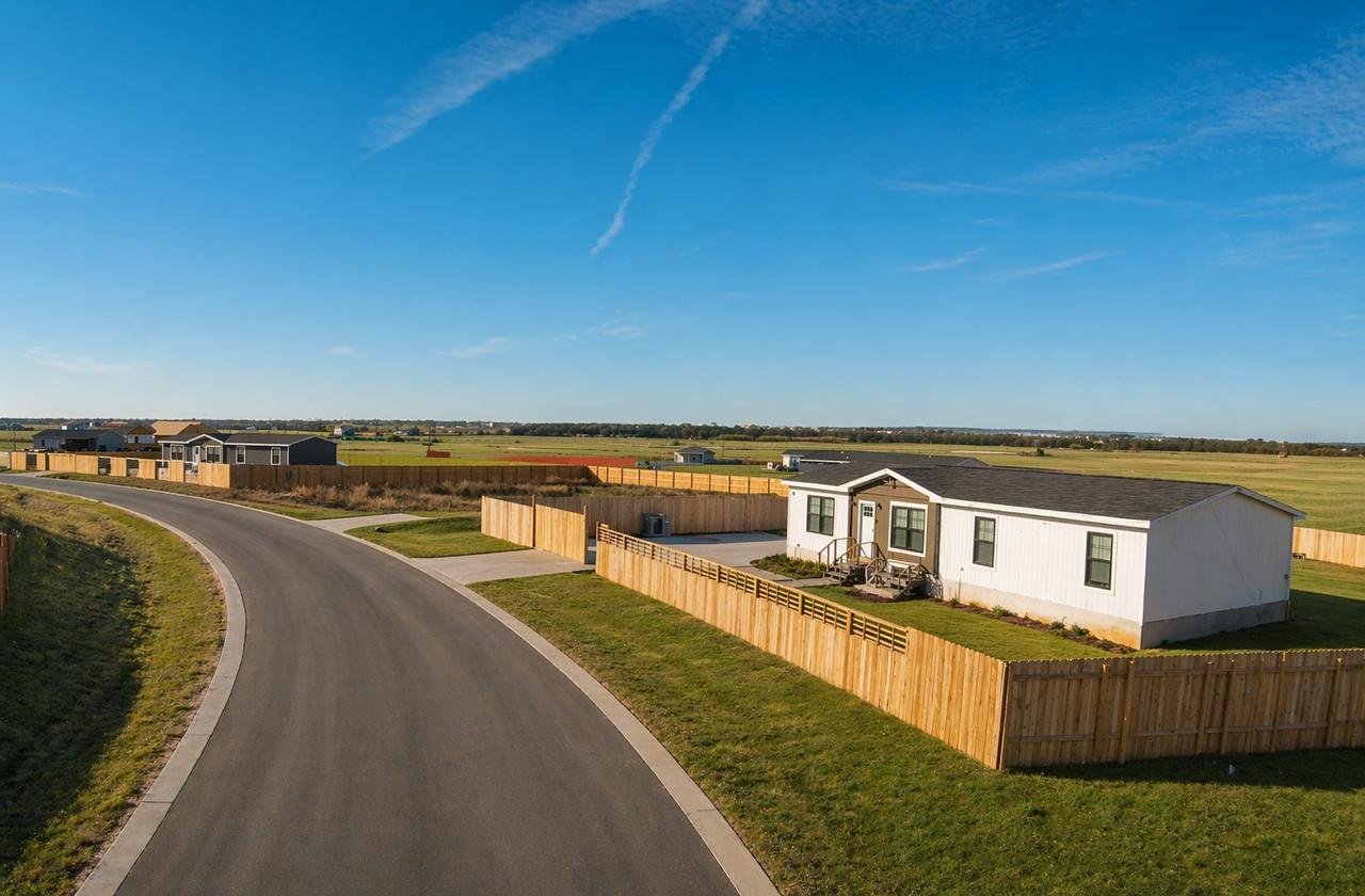 Aerial view of a new manufactured home in the Brisas community, Salado, Texas